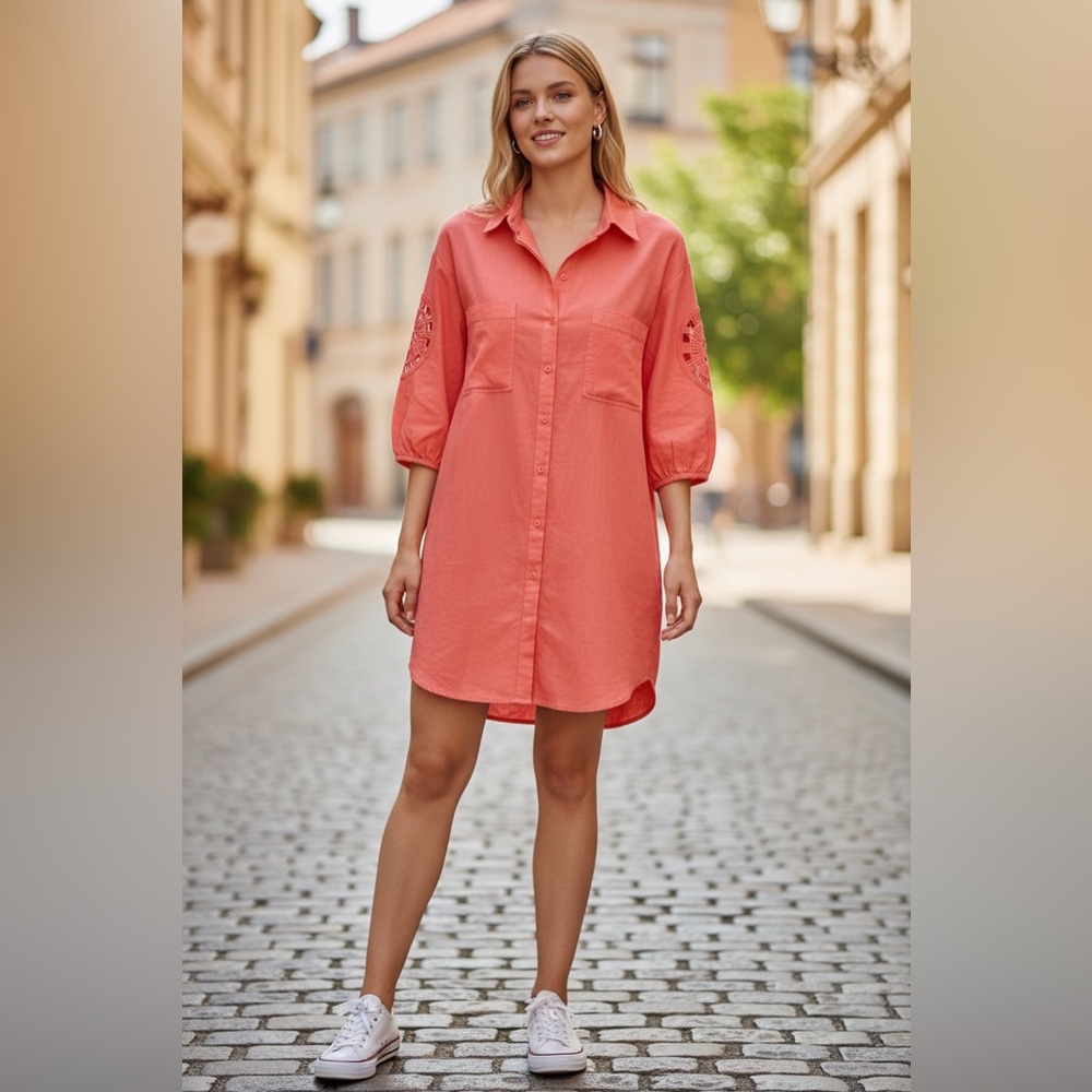 Coral Midi Shirt Dress by Young Wild and Broke